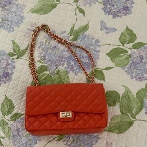 Elegant Orange Leather Quilted Chain Bag